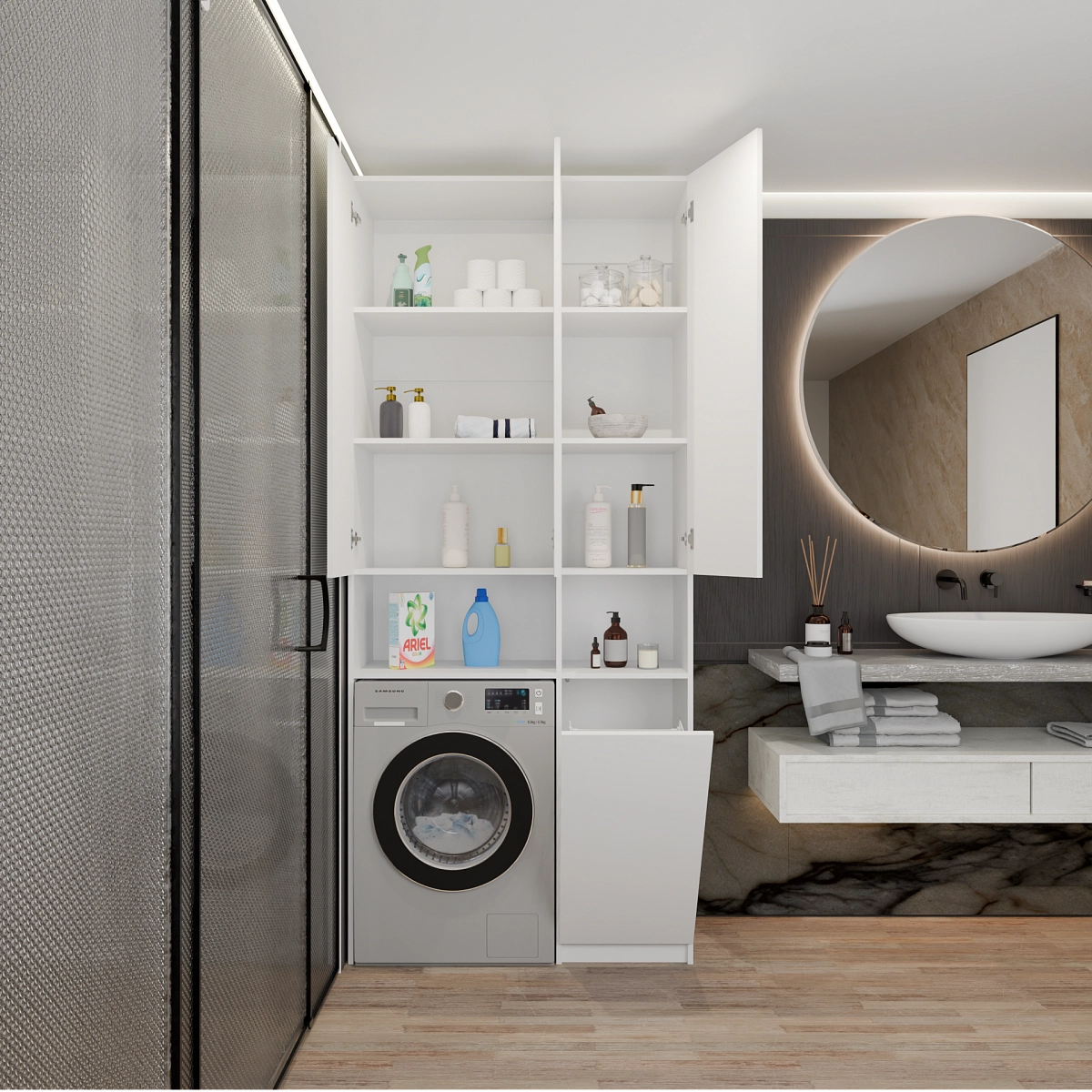 Шкаф-пенал 3 ниши, с корзиной для белья Эос Плюс Белый